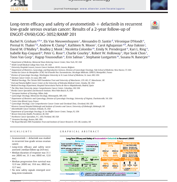 PAPER: Long-term efficacy and safety of avutometinib + defactinib in recurrent low-grade serous ovarian cancer: Results of a 2-year follow-up of ENGOT-OV60/GOG-3052/RAMP 201