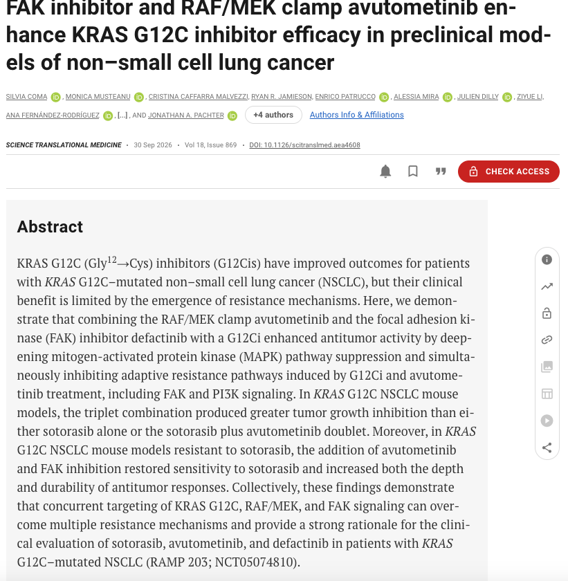 PAPER: FAK inhibitor and RAF/MEK clamp avutometinib enhance KRAS G12C inhibitor efficacy in preclinical models of non-small cell lung cancer
